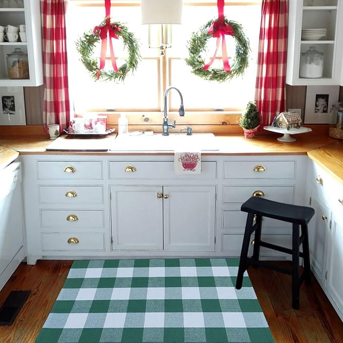 Green & White Plaid Rug, 2'4" x 3'7" Check Indoor/Outdoor Area Rug, Hello/Welcome Door Mat Layering Rug, Machine Washable Cotton Woven Mat for Farmhouse Front Porch, Entryway