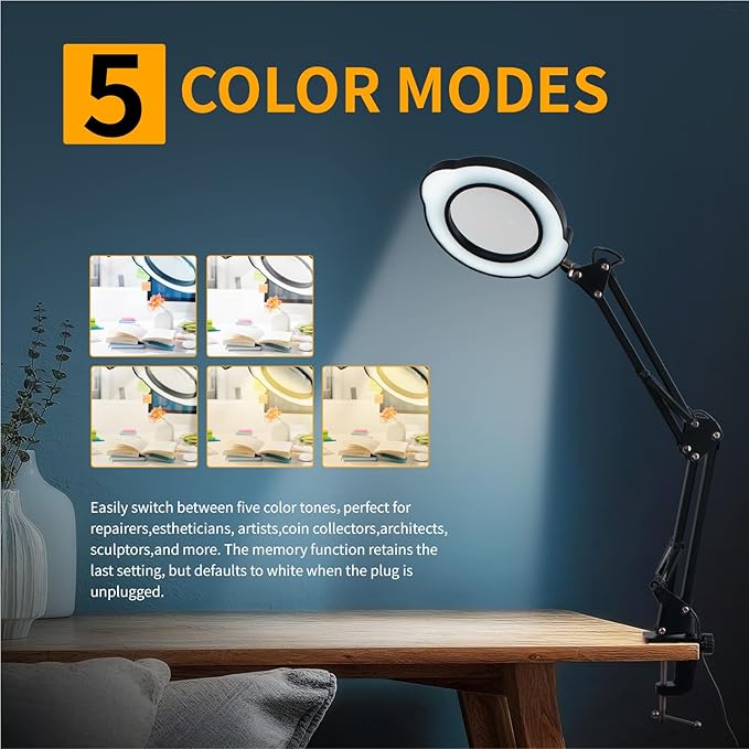 12X Magnifying Glass with Light and Clamp, 84 LEDs 5 Color Modes Stepless Dimmable LED Desk Lamp, Desk Magnifying Glass with Light for Crafts Reading Painting Sewing Repair Close Work