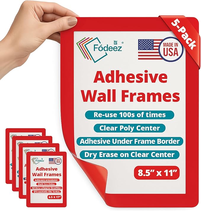 8.5 x 11 Adhesive Wall Frames - Peel & Stick Picture Frames, Wall Sign Holder, Paper Protector Sheets, Certificate Holders, Reusable Picture Frame, Dry Erase, Non Magnetic - Red, Pack of 5