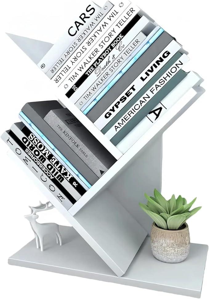 Godferyxin Tree Bookshelf, 3-Tier Wood Mini Bookshelf and Small Bookcase for Office, Home or School Desk Book Shelf for for Displaying Books, CDs, Magazines Wood Storage Rack-Whit