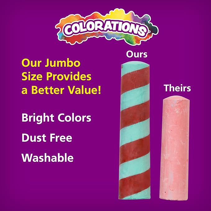 Colorations Sidewalk Chalk – 50pc 4” x 1” Washable, Bright Colored Chalk Set – Fun Kid Art Colors & Patterns – Draw on Classroom Chalkboard or Outdoor Playground – Jumbo Bulk