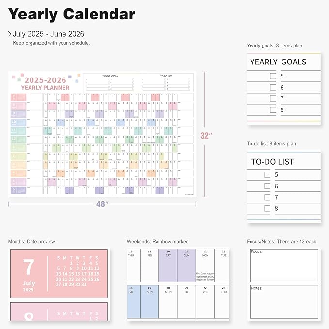 Ospelelf Wall Calendar 2025-2026 Large 32'' x 48'' Dry Erase Calendar for Wall, 12 Month Laminated Calendar for Classroom, Family, Use July 2025 - June 2026 (Multicolor)