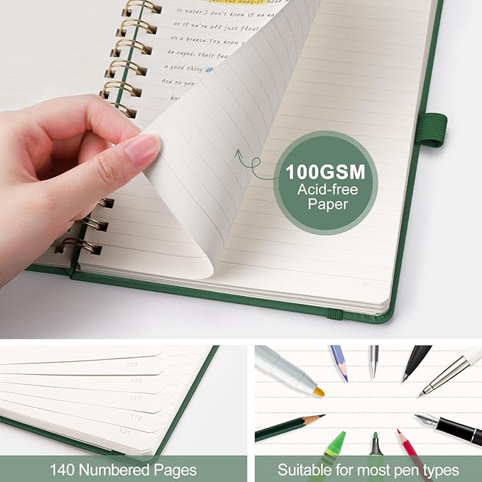 AHGXG Lined Spiral Notebook Journal for Women, 140 Pages Hardcover Leather Notebook College Ruled, A5 5.7" x 8.3", 100 GSM Thick Paper, Notebooks for School Work, Journals for Writing, Green