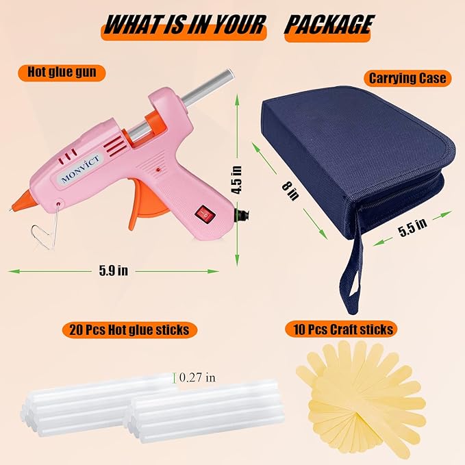 MONVICT Hot Glue Gun Kit, Mini Pink Glue Gun with Carrying Case,20 Pcs Premium Glue Sticks, 10 Pcs Wood Craft sticks, Fast Preheating Hot Melt Glue Gun for School Crafts DIY Arts Gift (Pink, 30Watts)