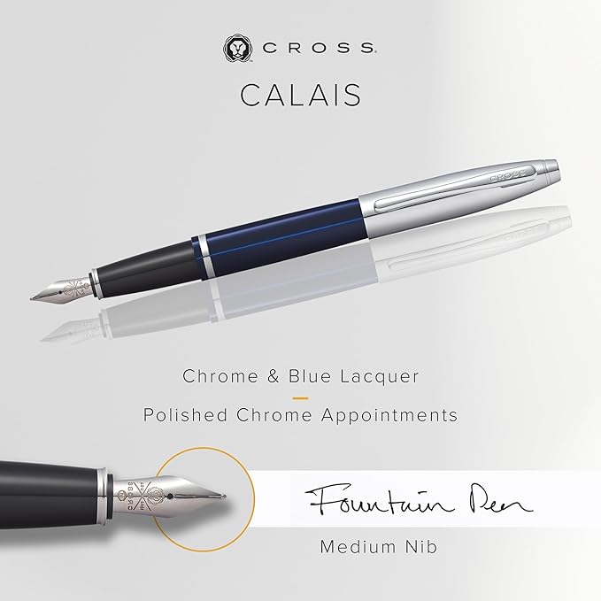 Cross Calais Refillable Fountain Presented in a Luxury Gift Box - Medium Point, Black Ink, Chrome & Blue