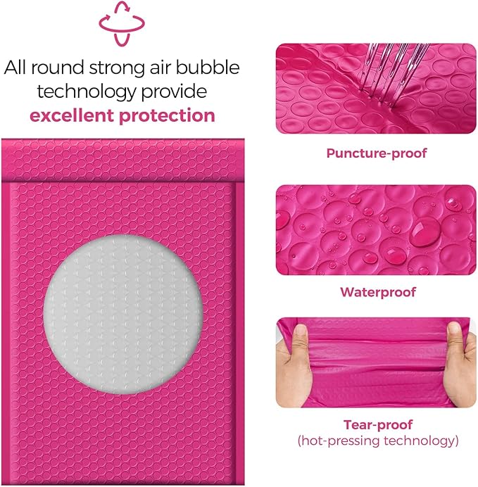 Fuxury Hot Pink Bubble Mailers 10.5x16 Inch 250 Pack, Self Seal Adhesive Waterproof Padded Envelopes, Cushioning Shipping Bags, Padded Mailers for Mailing, Packaging, Small Business Supplies, #5