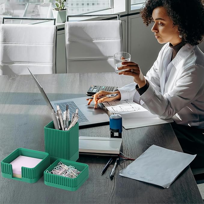 Aesthetic Desk Organizers and Accessories Set of 3 with Pen Holder,Paperclip Holder,Sticky Note Holder - Durable Plastic Pencil Holder for Office Women Men-Teacher Appreciation/Back-to-school Gift