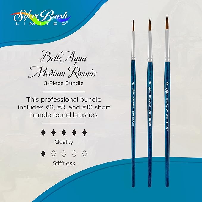 Silver Brush Limited BA-2753S BelleAqua Basic Round Watercolor Brush Set, 3pc Professional Short Handle Premium Round Painting Brush Set with Soft Synthetic Red Sable Bristles, Sizes 6, 8, and 10