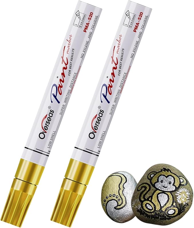 Overseas Permanent Paint Pens Gold Markers - 2 Pack Metallic Oil Based Paint Markers, Medium Tip, Quick Drying and Waterproof Marker Pen for Metal, Rock Painting, Wood, Plastic, Canvas, Mugs