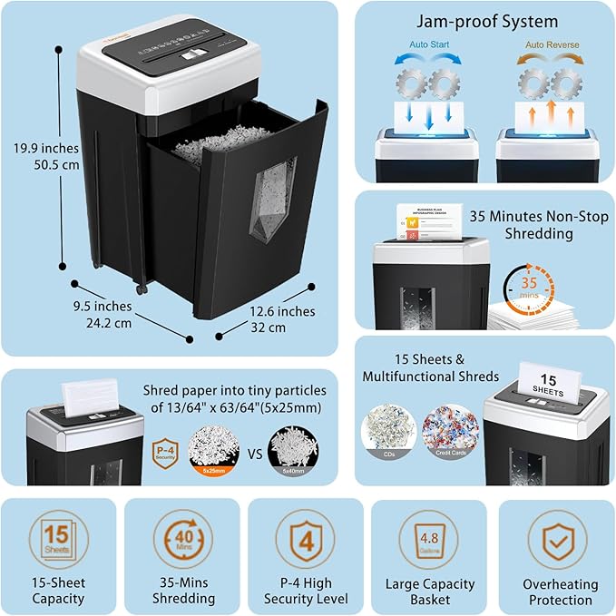 Bonsaii 15-Sheet Cross-Cut Paper Shredder, Heavy-Duty Office Use, 35-Min Continuous Runtime, P-4 Security Level, Anti-Jam, Shreds CDs & Cards, 4.8-Gallon Pullout Wastebasket