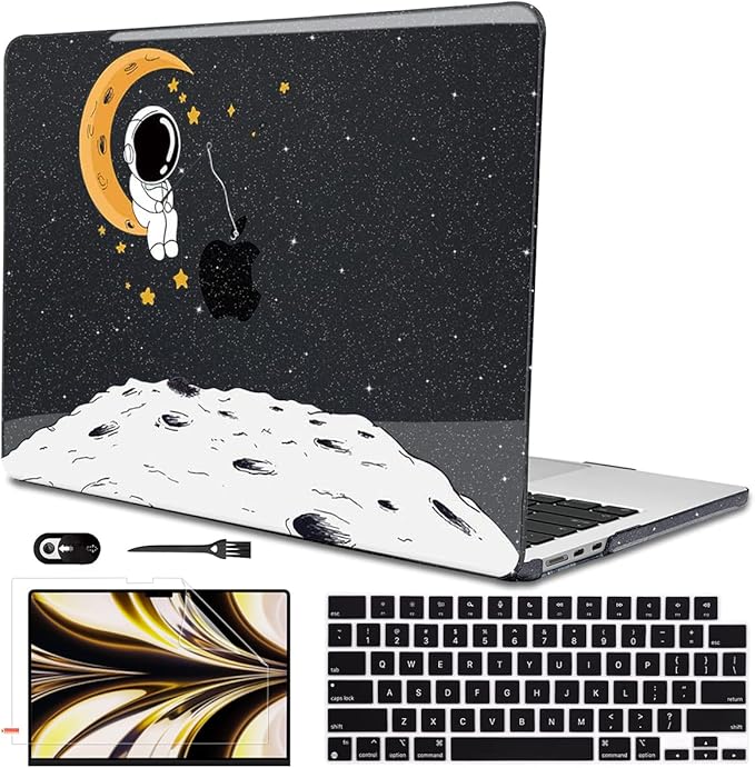 for MacBook Air 13.6 inch Case 2025 2024 2023 2022 Release M4 A3240 M3 A3113 M2 A2681, Glitter Black Printed Plastic Hard Shell Case Cover for Mac Air 13.6 M4 Chip Touch ID, Astronaut Moon