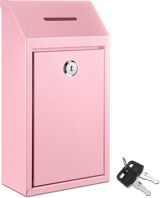 Metal Donation Cash Box Collection Safe Suggestion Box with Lock Wall Mounted Mailbox Delivery Ballot Container for Home Office Outdoor Door(Pink)