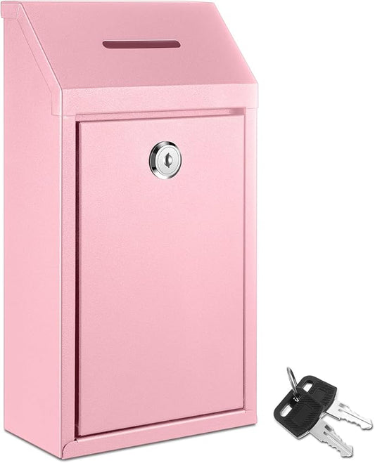 Metal Donation Cash Box Collection Safe Suggestion Box with Lock Wall Mounted Mailbox Delivery Ballot Container for Home Office Outdoor Door(Pink)