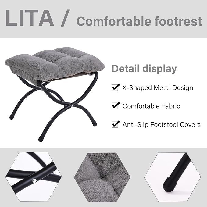 LITA Folding Upholstered Footrest Stool, Modern Small Portable Accent Ottoman with Detachable Thick Cotton Cushion Padded Sofa Stool with Metal Frame for Lazy Chair, Living Room & Bedroom, Plush Grey