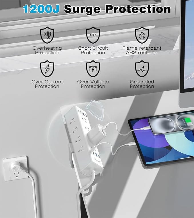 40W Fast Charging Station,Desk Clamp Power Strip,4 USB-C Ports & 8 AC Outlets,Desktop Edge Mount Surge Protector Power Strip,14AWG Heavy Duty Cord,Fit 1.9" Tabletop Edge for Home Office(10Ft Cable)