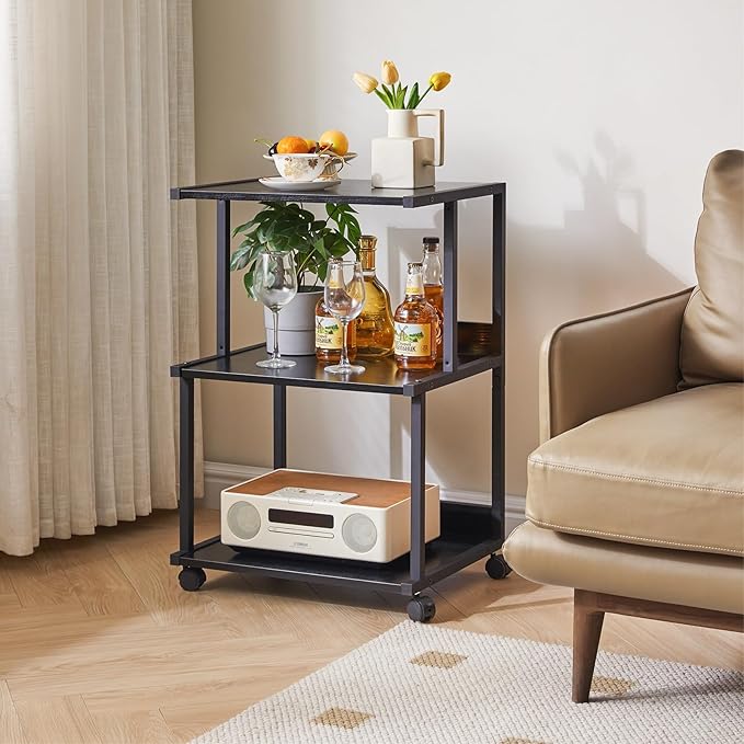 IBUYKE Black Printer Stand with Storage Shelf,3 Tier Printer Table with Wheels,Printer Cart for Home Office Organization, Rolling Cart Stand for Heat Press Microwave and Mini Fridge TPS001B