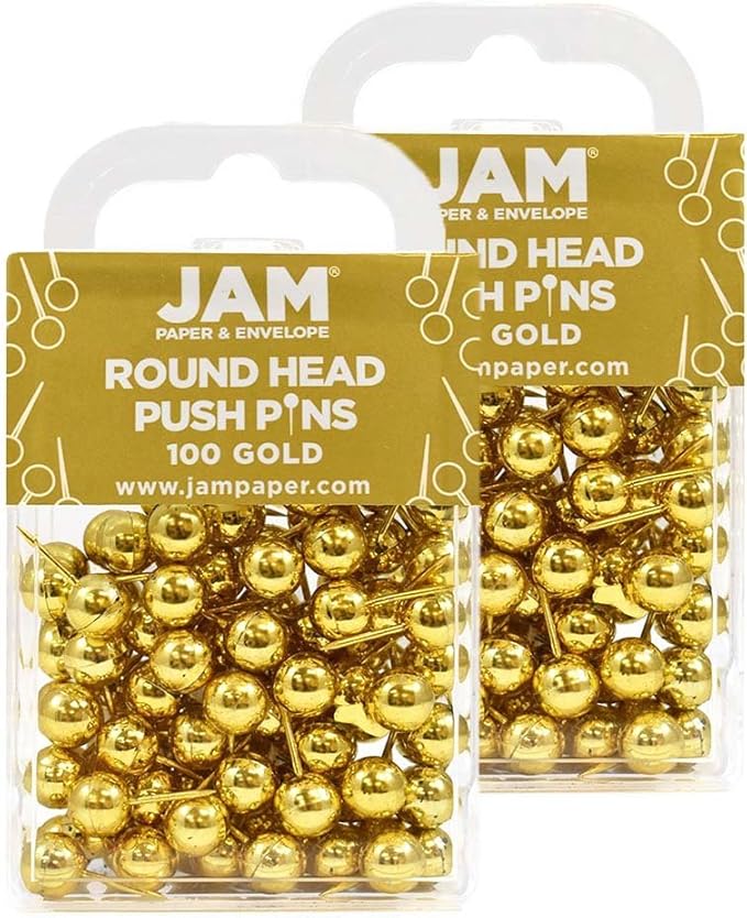 JAM PAPER Colorful Push Pins - Round Head Map Thumb Tacks - Gold Pushpins - 2 Packs of 100