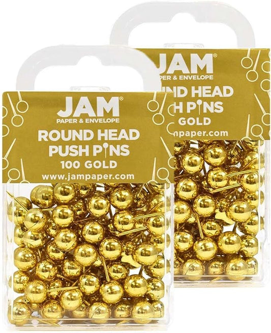 JAM PAPER Colorful Push Pins - Round Head Map Thumb Tacks - Gold Pushpins - 2 Packs of 100