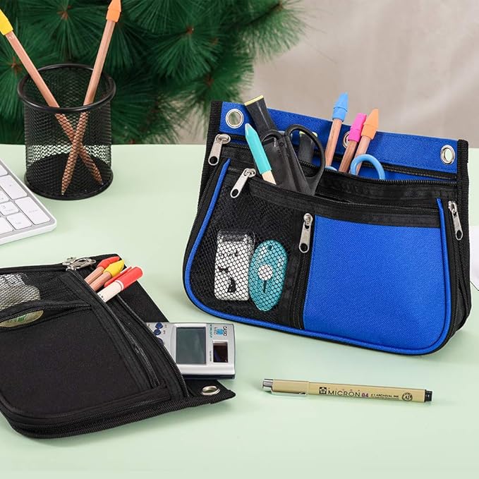 Sooez Pencil Pouch for 3 Ring Binder，Expandable Zipper Pencil Pouch, Fabric Pencil Pouches Binder Pockets, Large Capacity Binder Pouch, Pencil Case for Binder, Pencil Pouch 3 Ring(Blue/Black)
