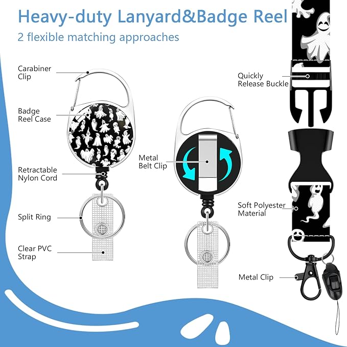 Halloween Lanyards with Id Holder, Cute Ghost ID Badge Holder with Retractable Lanyard, ID Holder with Badge Reel Clips, Name Tag ID Card Holder Teacher Women Doctor Office Gift