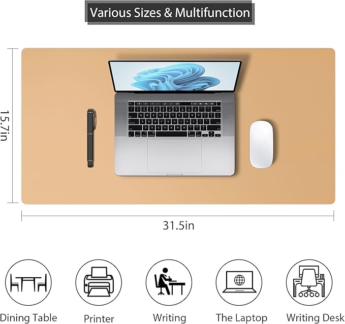 Leather Desk Pad Protector, Mouse Pad, Non-Slip Computer Mat for Desk, PU Leather Office Desk Mat for Home & Office, Waterproof Laptop Desk Blotter for Keyboard and Mouse, Khaki (15.7''X31.5'')