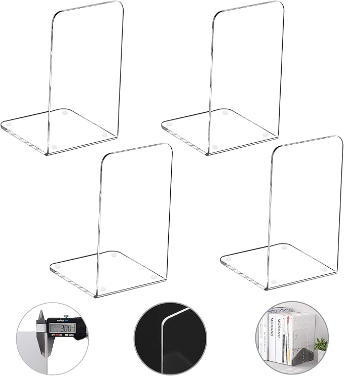 MerryNine Clear Book Ends 4pcs, Acrylic Bookends for Shelves, Non-Slip Bookend Decorative for Heavy Duty Book, Books Holder Stopper for Kids, Bookshelf Dividers Books Organizer for Office Home School