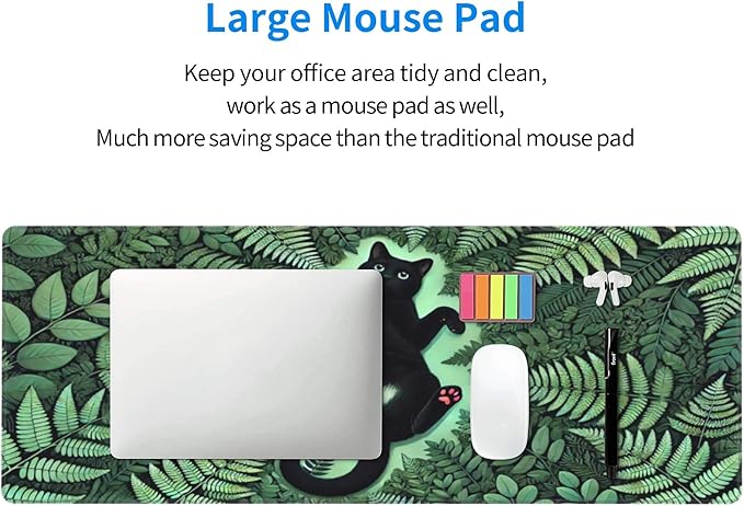 Green Plant Cat Desk Mat Large Gaming Mouse Pad Green Plant Cat Extended Mousepad Big in Laptop Computer Mouse Keyboard Mat for Office Desk Decor 31.5x12 in