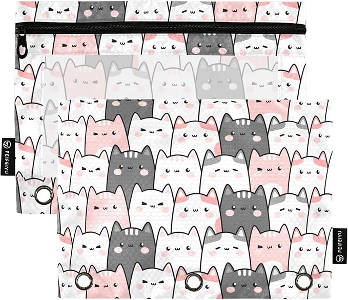 Cute Cats Kittens Pencil Pouch for 3 Ring Binder, 2 Pack Waterproof Pencil Bags Clear Window Zipper School Office Supplies