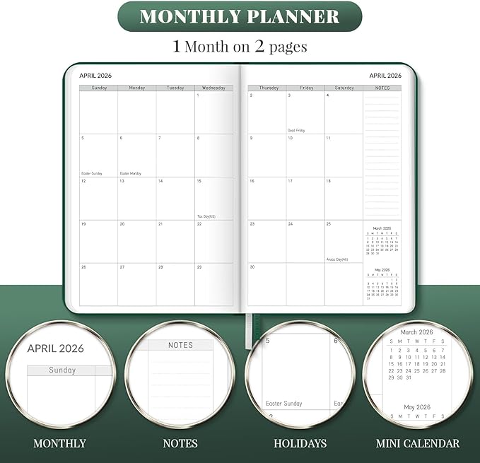 2026 Planner, Weekly and Monthly Planners, Faux Leather Daily Calendar 2026 Planner, 12 Month Agenda from Jan. to Dec., Hardcover Habit Tracker Journal 5.75" x 8.4"(Green)