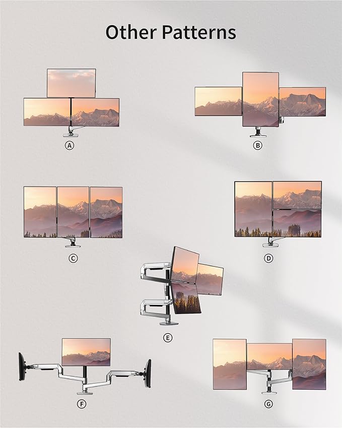 Triple Monitor Mount, Holds Screens up to 40 Inches and 25 lbs, Fully Adjustable 3 Monitor Desk Mount with C-Clamp and Grommet Base, Aluminum, Silver