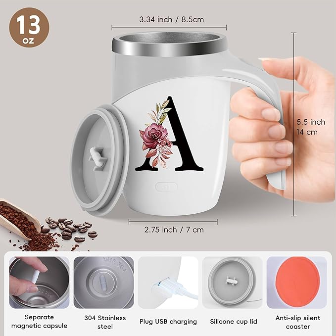 Initial Magnetic Stirring Coffee Mug Stainless Insulated Travel Cup Women Xmas Birthday Great Gift Mom Grandma Mimi Nana Gigi Grandmother Big Sister Law God Mother Day Aunt Practical Retirement,U