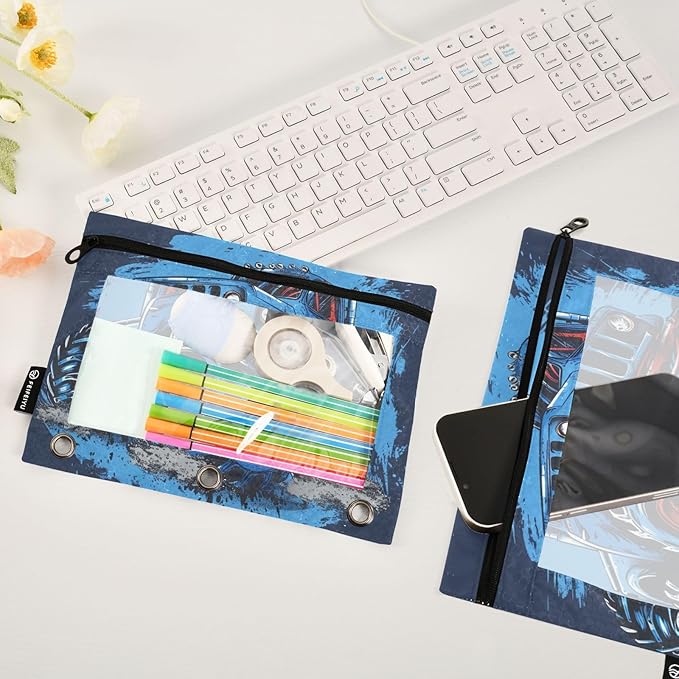 Monster Truck Blue Pencil Pouch for 3 Ring Binder, 2 Pack Waterproof Pencil Bags Clear Window Zipper School Office Supplies