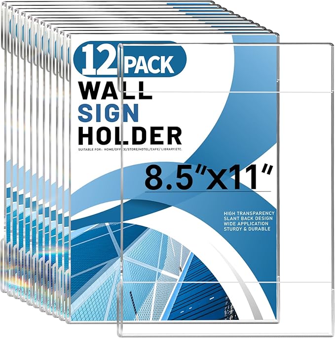 Aheroi Acrylic Sign Holder 8.5 x 11, 12 Pcs Clear Document Frame with Adhesive Tape, No Drilling Plastic Wall Mount 8.5 x 11 Acrylic Hanging Frame Plastic Sign Holder for Office Business Menu Store