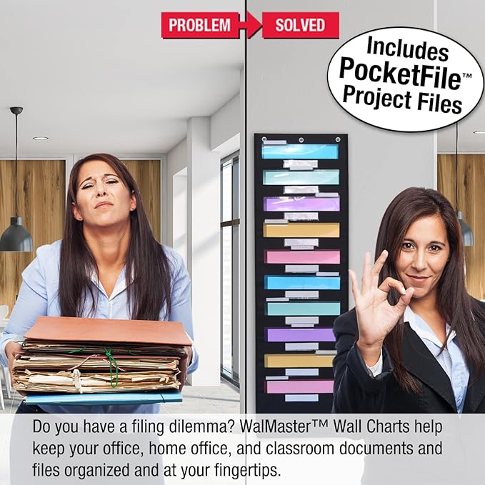 Ultimate Office WalMaster Heavy Duty, 10-Pocket Wall Chart Filing System WITH LABEL HOLDERS for Classroom and Office, Wall File Organizer PLUS 18 PocketFiles, Mounting Hardware & Door Hooks