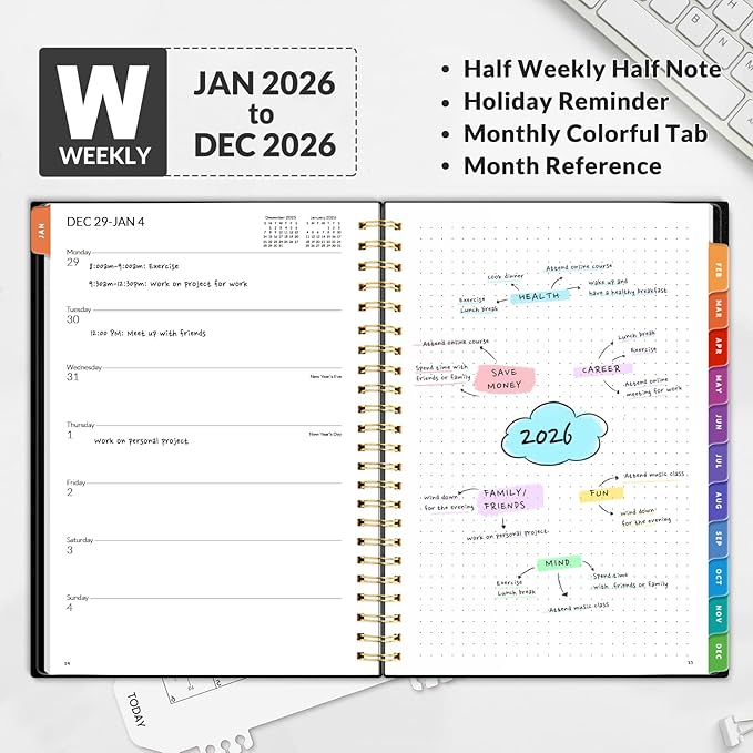 2026 Planner SUNEE Weekly and Monthly Planner - January 2026-December 2026, 6.4" x 8.3" Half Weekly Half Note, Daily 2026 Calendar Planner with PVC Waterproof Cover, Monthly Tab, Note, Bookmark, Black