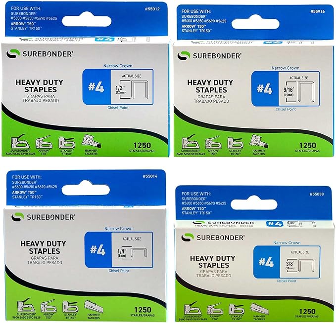 Surebonder Heavy Duty Staples No. 4 Variety Pack | Includes 5,000 T50/TRIGGERFIRE Staples | 1/4-in, 3/8-in, 1/2-in, and 9/16-in (55999)