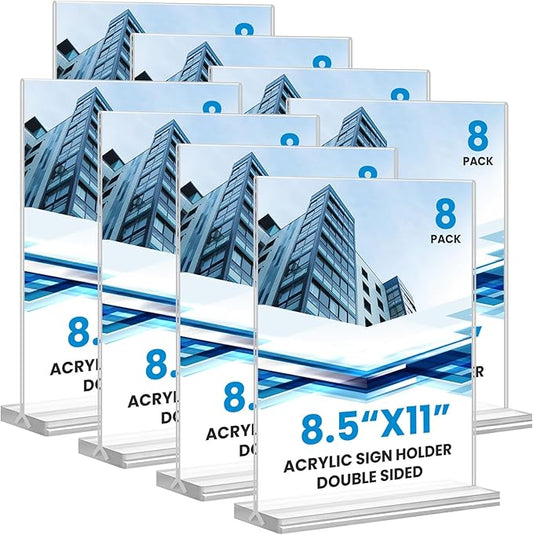 Acrylic Sign Holder 8.5x11, 8Pack Clear TableTop Sign Holder-Sided, Plastic Flyer Display Holder with Vertical Base, Clear Flyer Stand Menu Table Display Holders for Restaurants Office Store Show Fair
