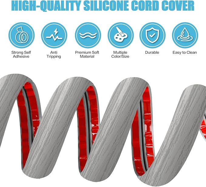 Floor Cord Cover Cavity 0.8"x0.37" Self Adhesive Cord Hider, 10FT Low Profile Cable Management, Extension Strip Protector for Wires, Prevent Cable Trips for Offices, Gyms, Exhibitions (Gray Wood)