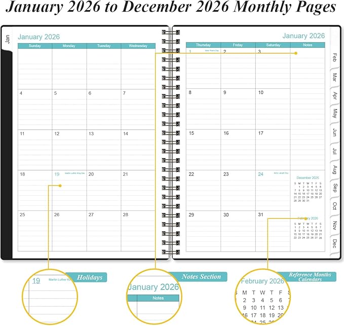 2026 Planner - Planner 2026 from January 2026 - December 2026, Weekly & Monthly Planner Spiral Bound with 12 Monthly Tabs, Inner Pocket, 6.4" x 8.5", Black-E
