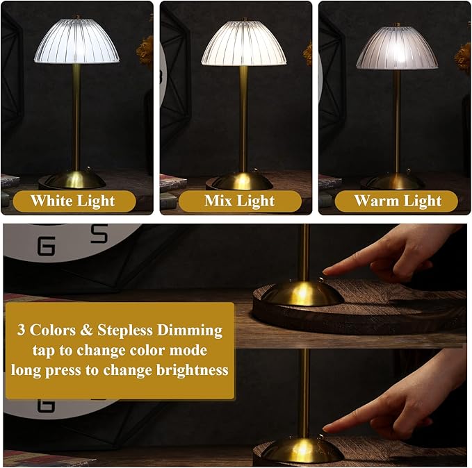 Liliful 2 Pcs LED Portable Cordless Table Lamp Touch Battery Operated Rechargeable Gold Desk Lamp 3 Color Dimmable for Bedroom Living Room Dining (Gold,Mushroom Style)