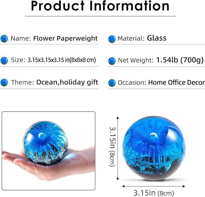 EUSTUMA Blue Hand Blown Glass Anemones Sculpture, 3.15x3.15x3.15 inches, 1.52 lbs, Paperweight, Fish Tank Ornament, Figurine Gift Box, Home Decoration