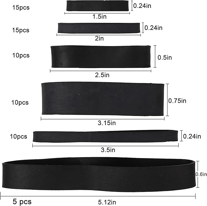 65Pcs Rubber Bands Assorted Sizes Black 6 sizesMixed wide Elastic Bands for for Survival Office Supply Tactical Rubber Bands