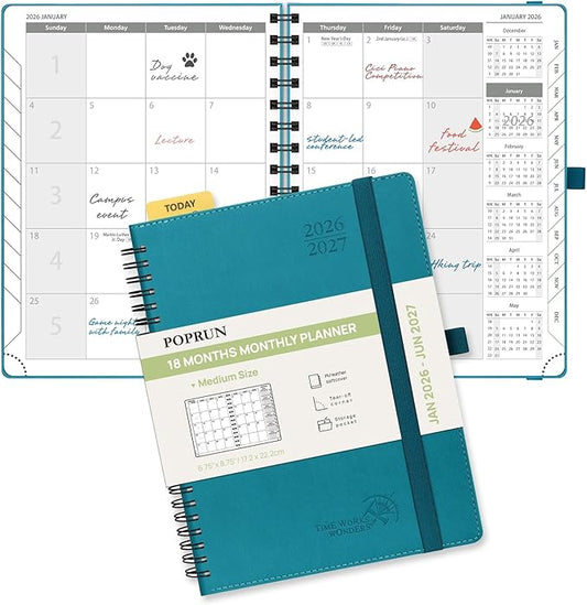 POPRUN Monthly Planner 2026-2027 (Medium 6.5" x 8.5") 18 Months Calendar (Jan 2026 - Jun 2027) - 4 Pages per Month with Expense & Notes, Stair-like tabs, Leather Cover, Sunday Starts - Pacific Green