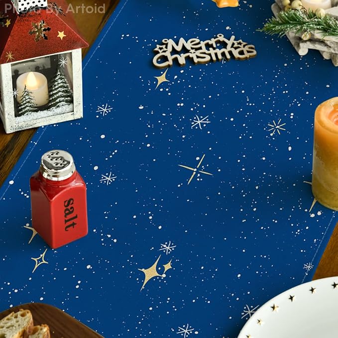 Artoid Mode Xmas Trees Merry Christmas Table Runner, Seasonal Winter Blue Kitchen Dining Table Decoration for Home Party Decor 13x72 Inch
