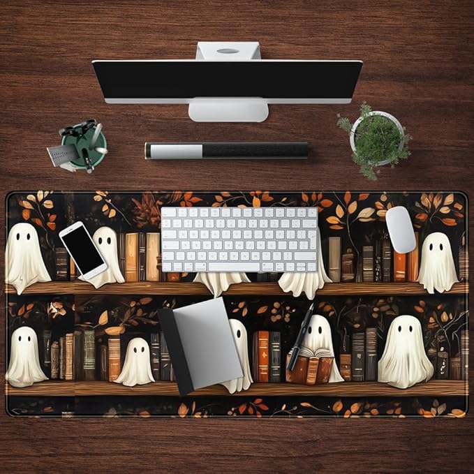 Cute Ghost Desk Mat Bookish Desk Pad XXL Mouse Keyboard Pad, Dark Academia Desk Pad Medieval Flower XXL Mousepad Extended Laptop Computer Keyboard Mat with Stitched Edges Funny Deskpad 31.5x15.7 in