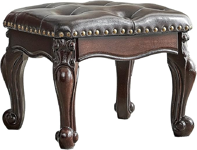 LEILISI Small Footstool Brown Leather Ottoman,Vintage Carved Upholstered Footrest, Rubber Wooden Foot Rest Stool Sofa Stool (Black-Brown)