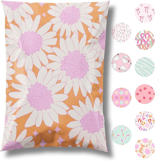 6x9 Designer Poly Mailer 100 Pack Heavy Duty Waterproof Self Seal Shipping Bags for Small Business Large Mailing Envelopes Bulk Tear Resistant Cute Packaging Pink Blooms Flowers