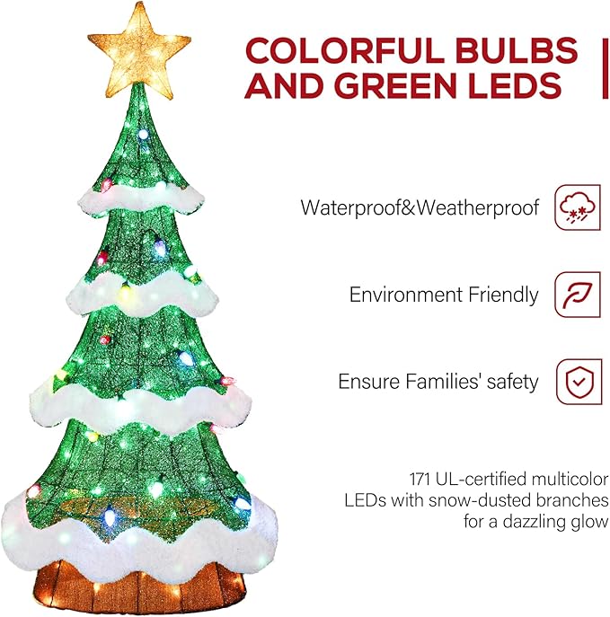 Hykolity 4FT 3D Genuine Outdoor Lighted Christmas Tree, Christmas Tree Yard Decoration with 600 LED Lights, Ground Stakes, Zip Ties