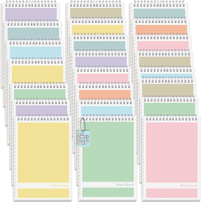 24 Pack Steno Pads 6 x 9 in Spiral Top Notebook Bulk 8 Assorted Color Note Pad 60 Sheets Gregg Rule Writing Paper Steno Notebooks for Students Teachers Men Women Professionals Office School Recording