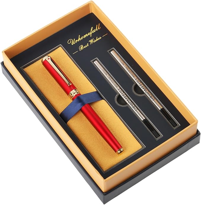 Luxury Red Rollerball Pen-Fancy Pen with Real 24K Gold Trim, Switzerland Tip Point Writing Smooth, Nice Roller Ball Pen Gift Set for Men Women, Professional Pen Business Birthday Christmas